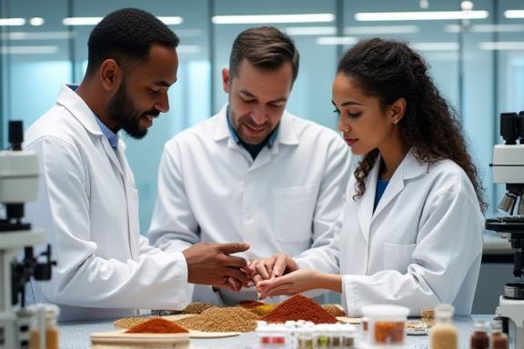 Diverse team of culinary experts collaborating over spice samples in a modern development kitchen