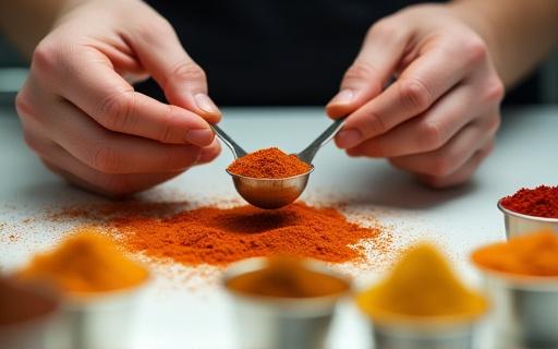 A chef's hands carefully measuring powdered spices.