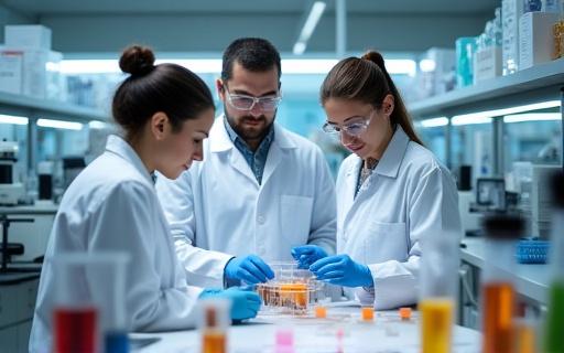 Scientists looking at samples in a food science laboratory.